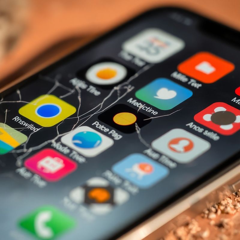 Napukli ekran pametnog telefona s izblijedjelim ikonama aplikacija
